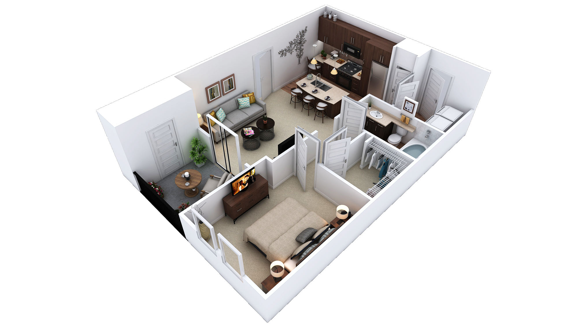 Floor plan for 1 bed, 1 bath, 728 sqft